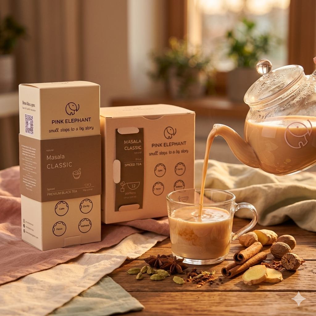 Masala Classic Pink Elephant — pouring milk into hot spiced tea